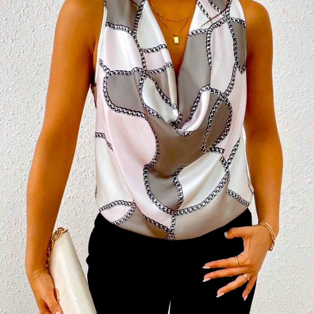 SHEIN Prive’ Chain Print draped Collar Sleeveless Blouse